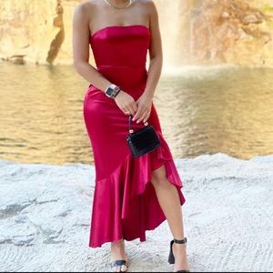 Red satin flounce dress